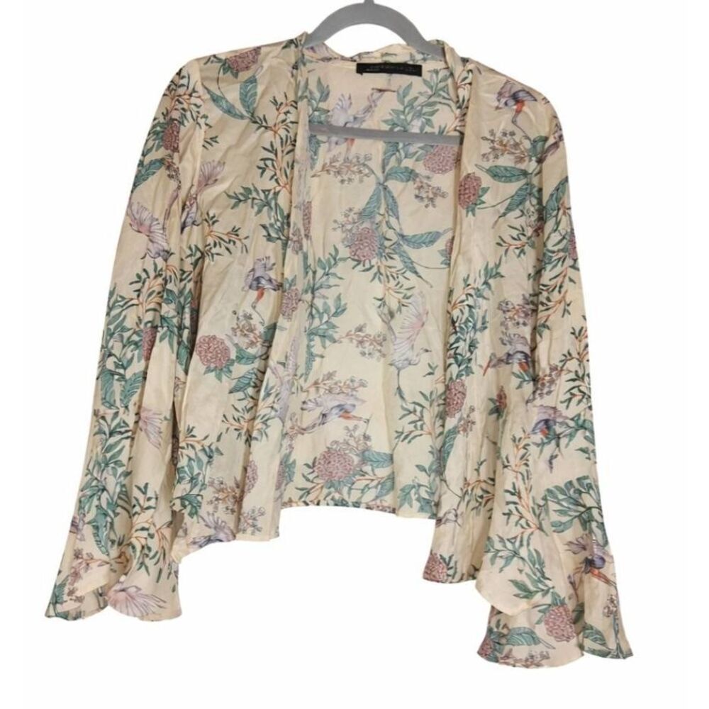 Zara womens large duster shirt top cream green boho floral viscose silk topper